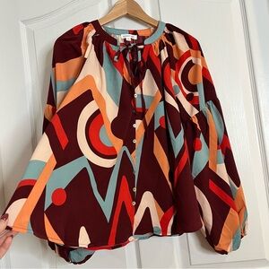 •Anthropologie August Sky Women’s Long Sleeve Peasant Multicolor Blouse Sz S NWT